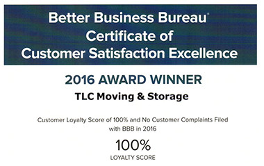 BBB Award Winner for 2016 - Customer Satisfaction Excellence for TLC Moving and Storage